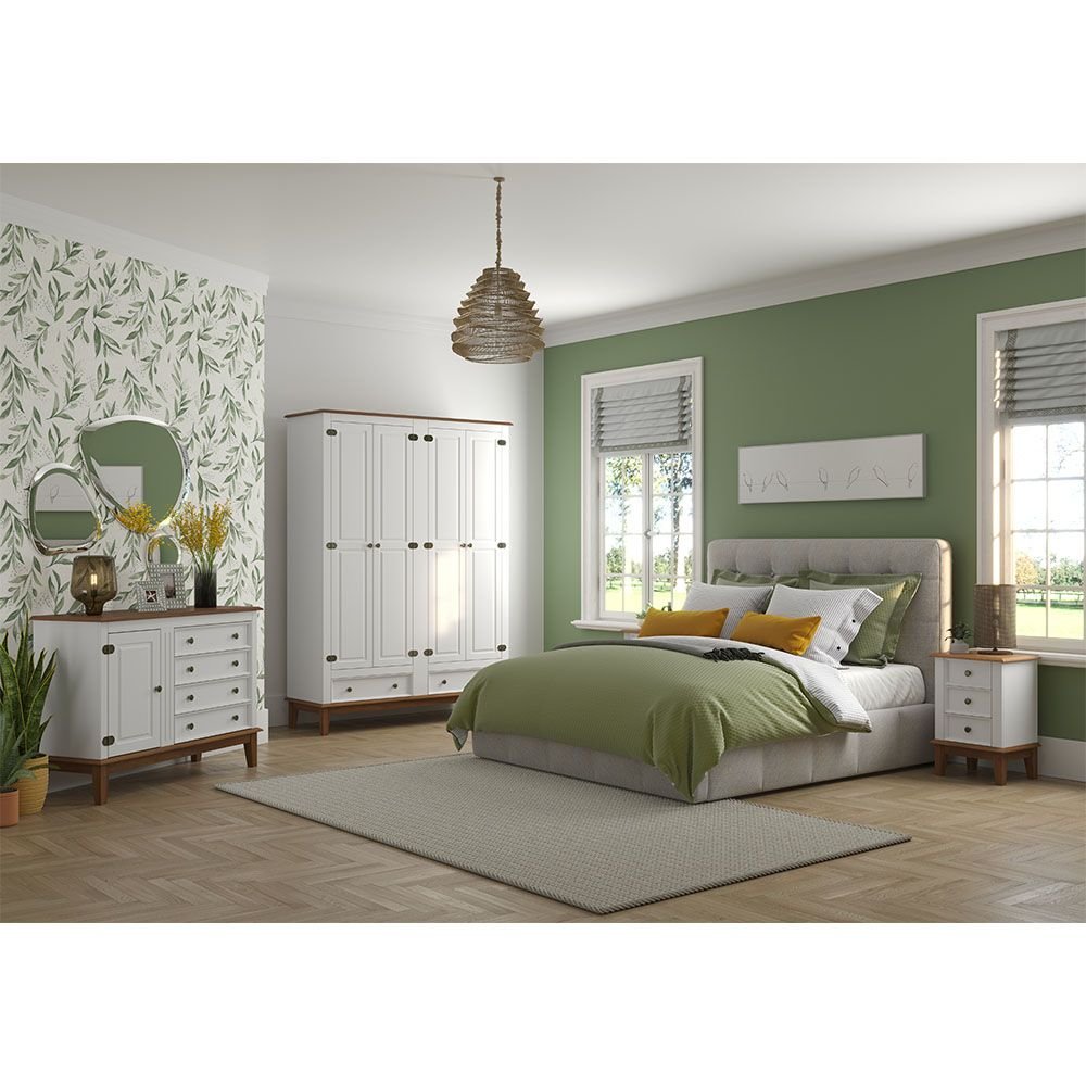 Guarda-Roupa Rústico 4 Portas e 2 Gavetas - Madeira Maciça e MDF - Branco