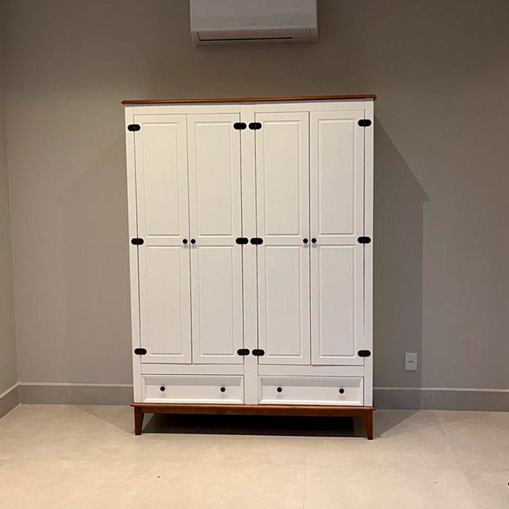 Guarda-Roupa Rústico 4 Portas e 2 Gavetas - Madeira Maciça e MDF - Branco