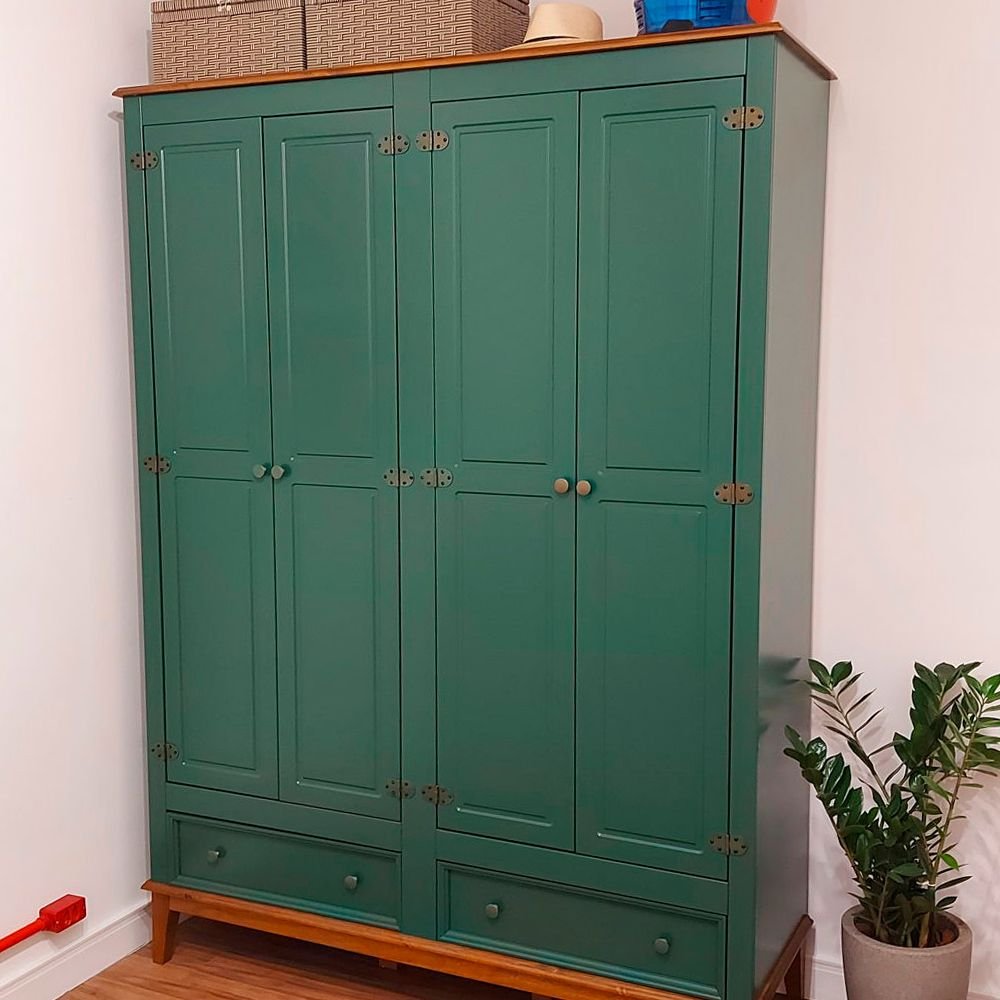 Guarda-Roupa Rústico 4 Portas e 2 Gavetas - Madeira Maciça e MDF - Verde