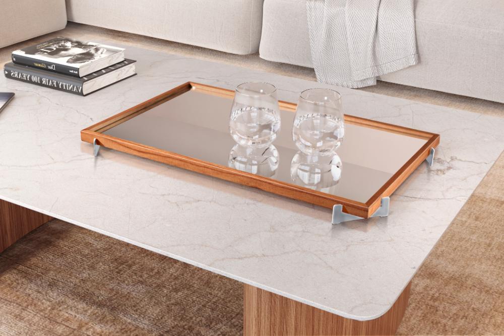 Bandeja Espelhada Gala MDF Laminado Castanho Pés em Metal Cromado