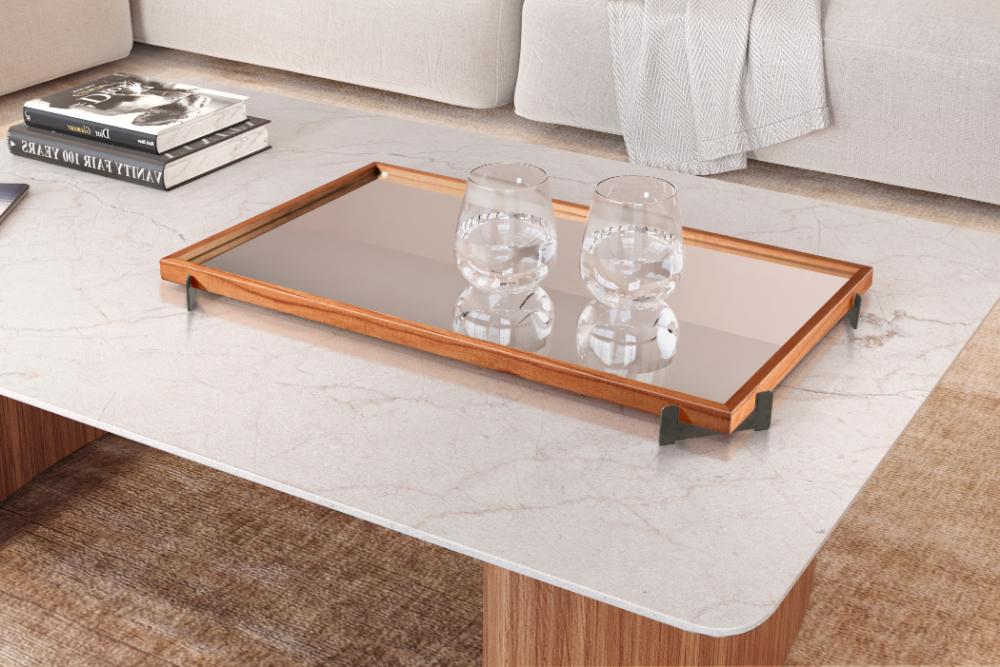 Bandeja Espelhada Gala MDF Laminado Castanho Pés em Metal Grafite