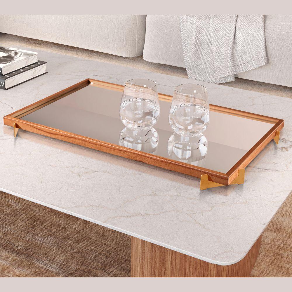 Bandeja Espelhada Gala MDF Laminado Castanho Pés em Metal Ouro