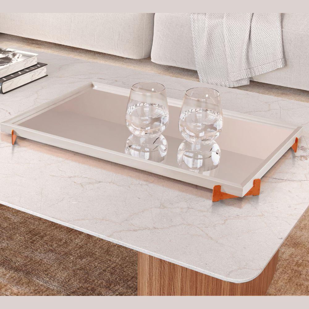 Bandeja Espelhada Gala MDF Laqueado Off White Pés em Metal Cobre