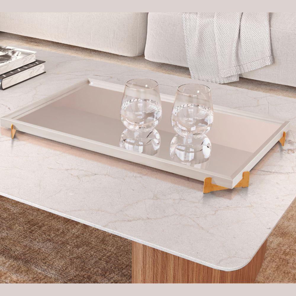 Bandeja Espelhada Gala MDF Laqueado Off White Pés em Metal Ouro