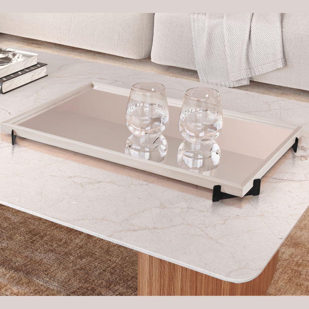 Bandeja Espelhada Gala MDF Laqueado Off White Pés em Metal Preto