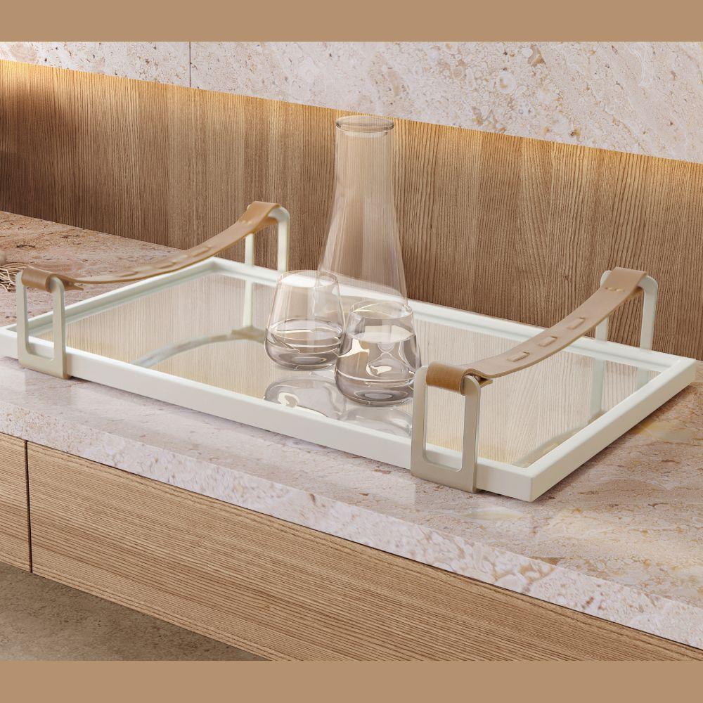 Bandeja Espelhada Tray Branco com Alça Couro Marrom