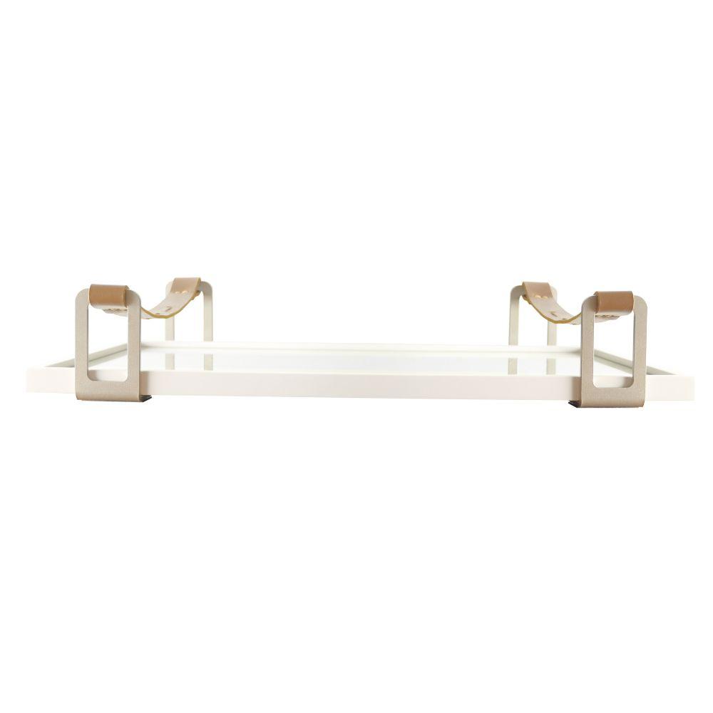 Bandeja Espelhada Tray Branco com Alça Couro Marrom