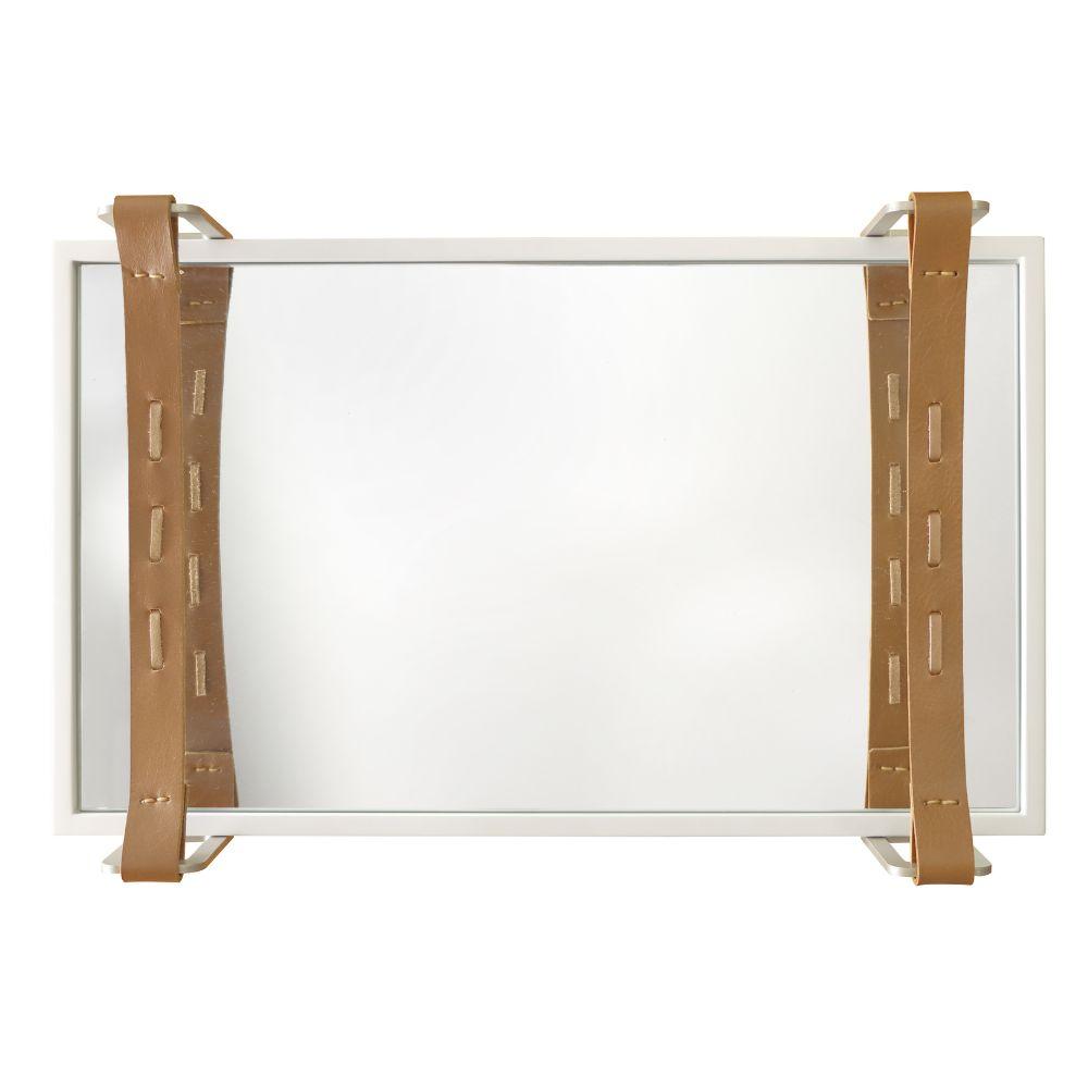 Bandeja Espelhada Tray Branco com Alça Couro Marrom