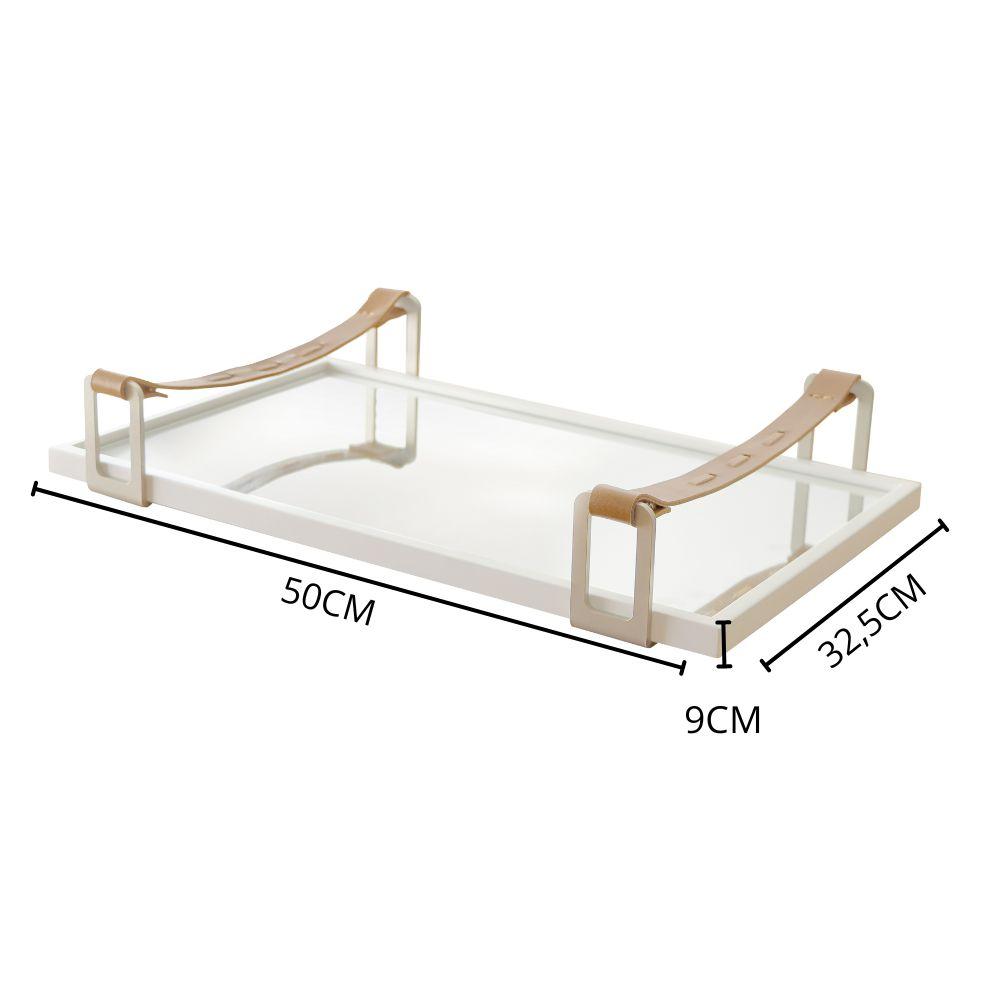 Bandeja Espelhada Tray Branco com Alça Couro Marrom