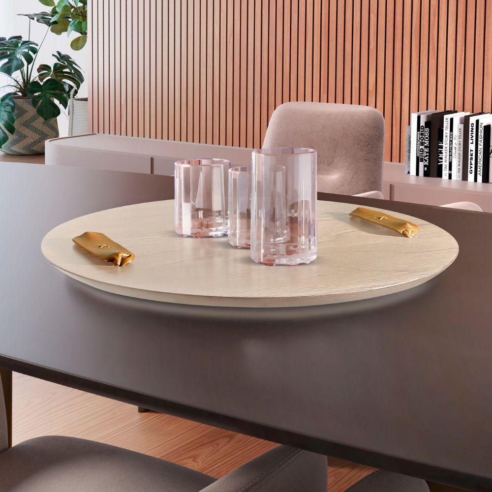 Bandeja Redonda Maré MDF Laminado Ártico com Alça em Couro Marrom