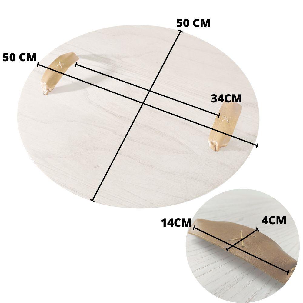 Bandeja Redonda Maré MDF Laminado Ártico com Alça em Couro Marrom