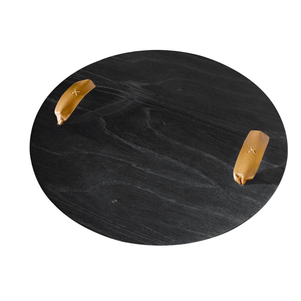 Bandeja Redonda Maré MDF Laminado Ébano com Alça em Couro Marrom