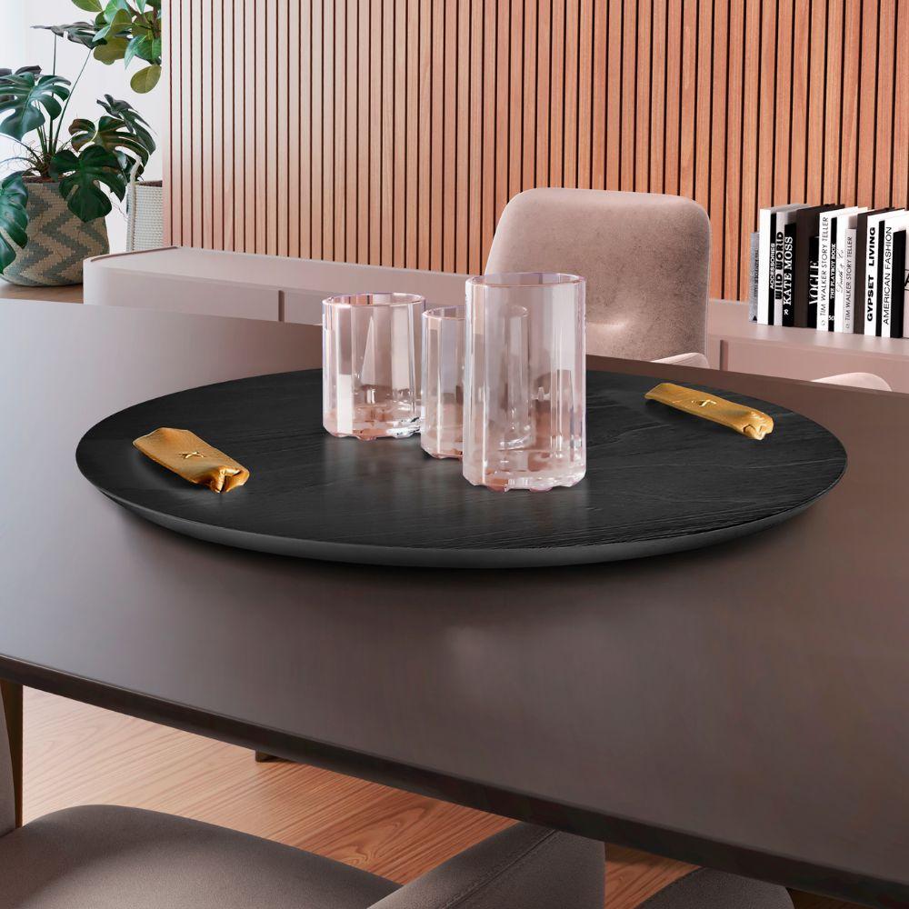 Bandeja Redonda Maré MDF Laminado Ébano com Alça em Couro Marrom