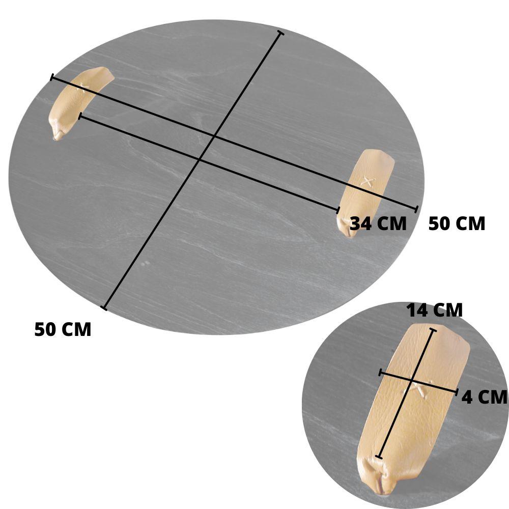 Bandeja Redonda Maré MDF Laminado Ébano com Alça em Couro Marrom
