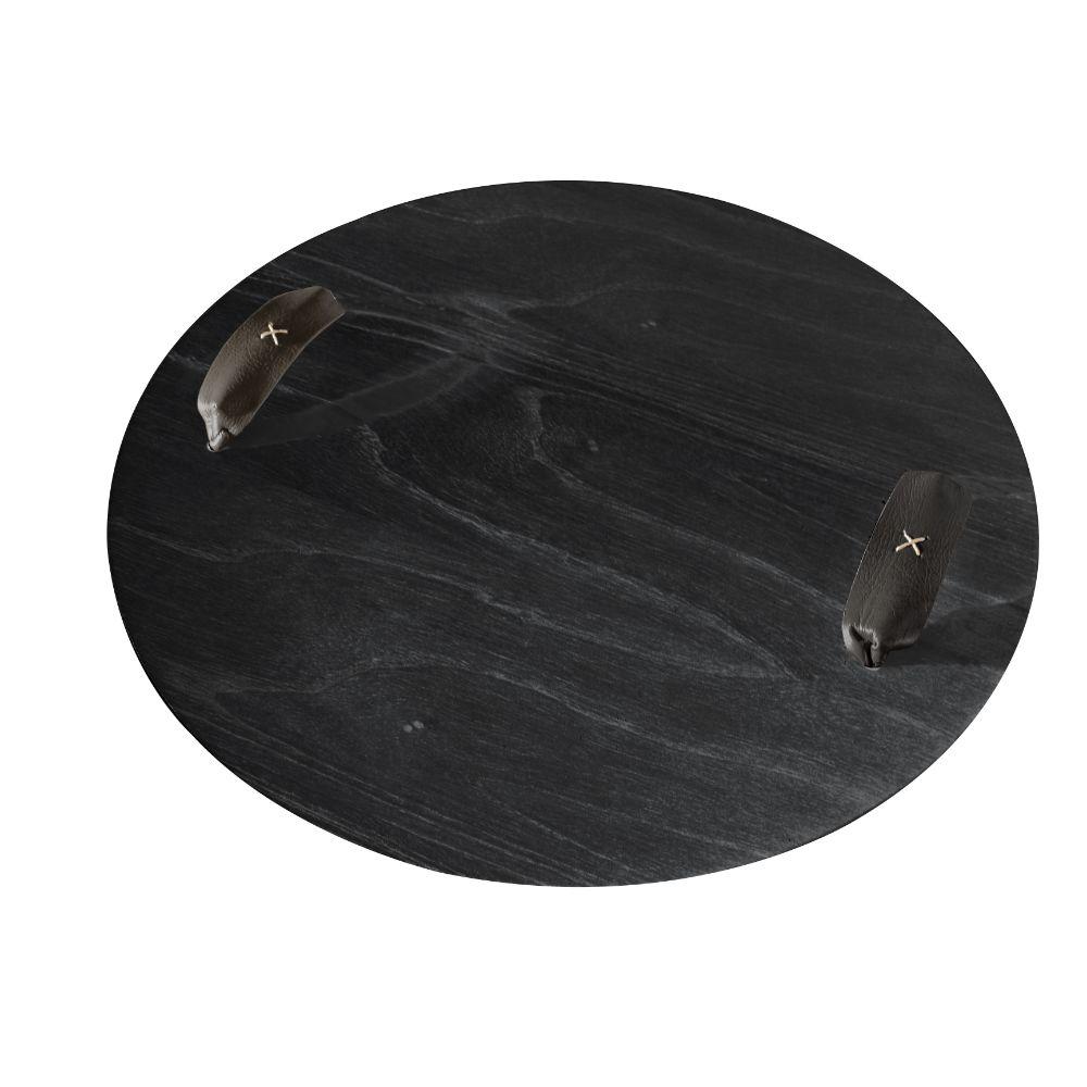 Bandeja Redonda Maré MDF Laminado Ébano com Alça em Couro Preto