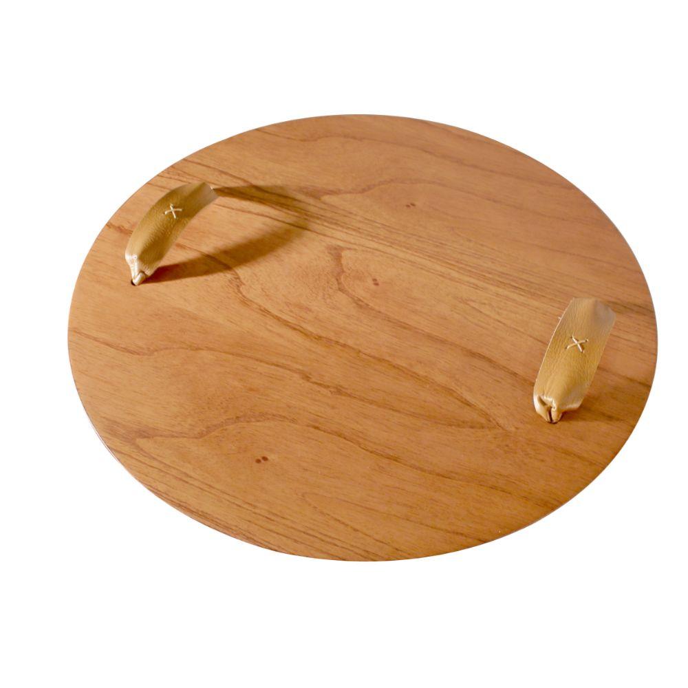 Bandeja Redonda Maré MDF Laminado Castanho com Alça em Couro Marrom