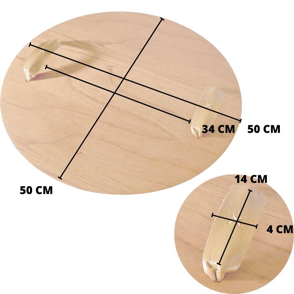 Bandeja Redonda Maré MDF Laminado Castanho com Alça em Couro Marrom