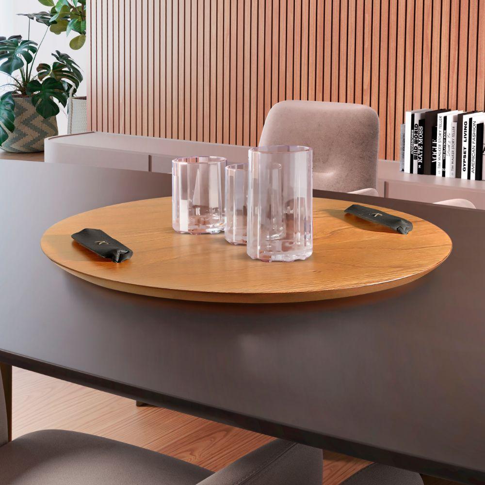 Bandeja Redonda Maré MDF Laminado Castanho com Alça em Couro Preto