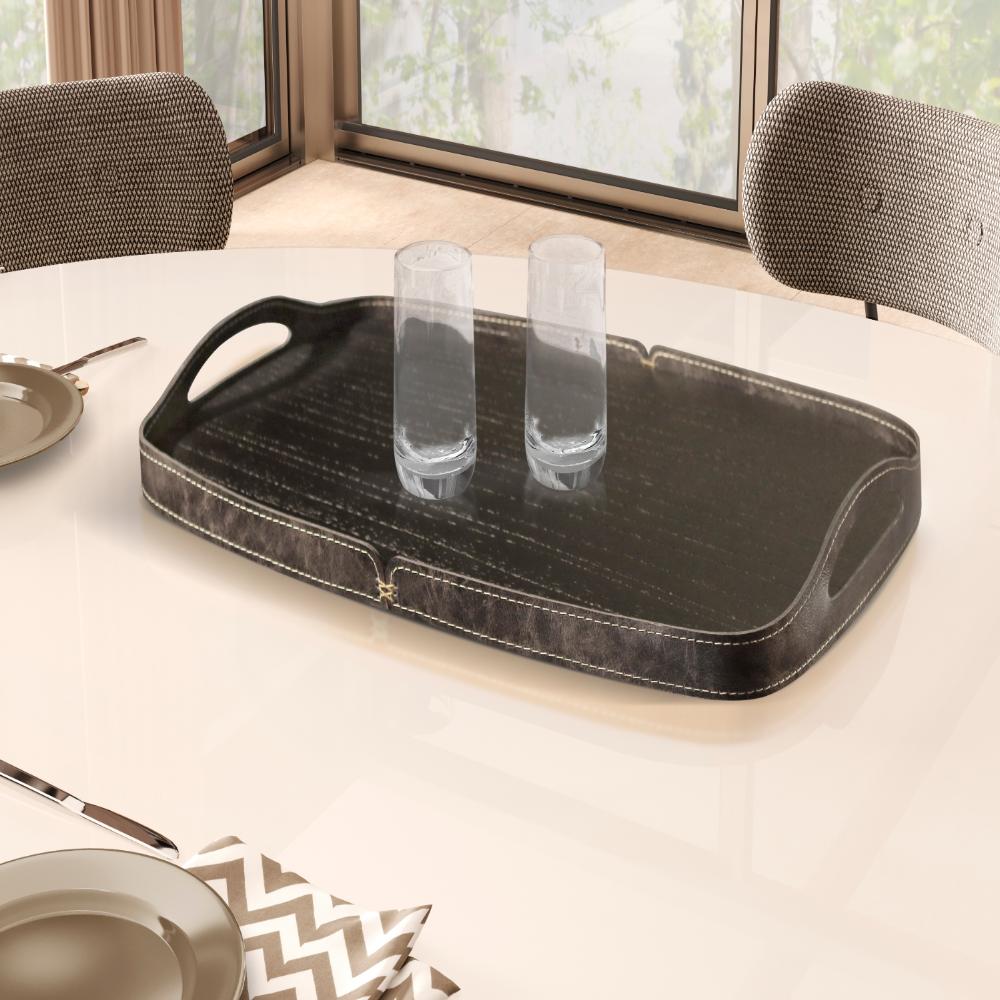 Bandeja Vale Decorativa MDF Laminado Ébano Couro Preto