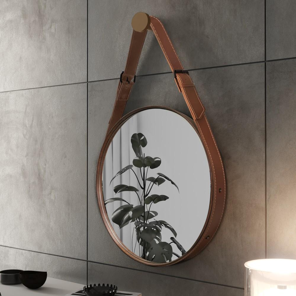 Espelho Fine Decorativo Redondo com Moldura em Couro 55 cm Cor:Marrom