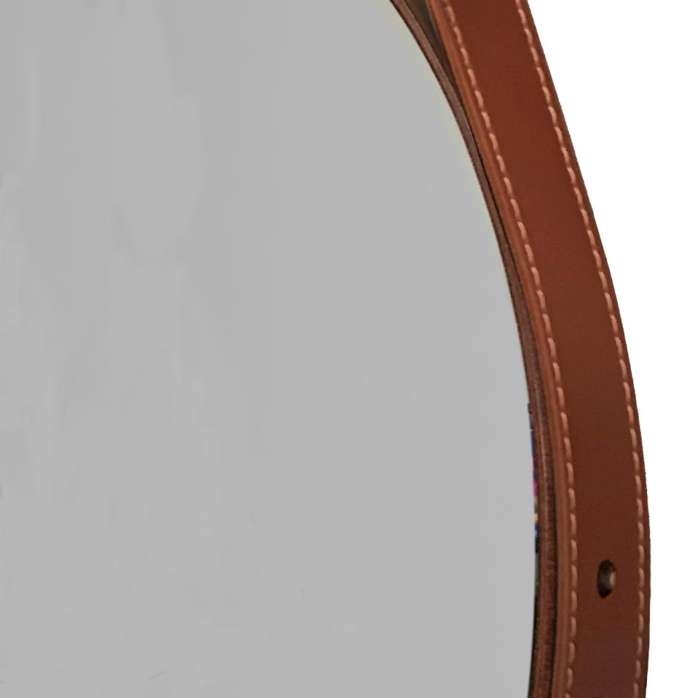 Espelho Fine Decorativo Redondo com Moldura em Couro 55 cm Cor:Marrom