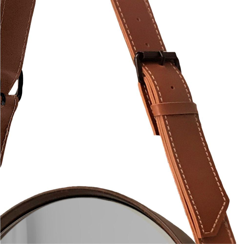 Espelho Fine Decorativo Redondo com Moldura em Couro 55 cm Cor:Marrom