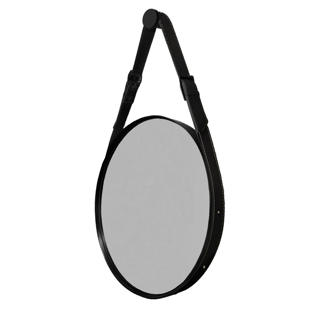 Espelho Fine Decorativo Redondo com Moldura em Couro 55 cm Cor:Preto