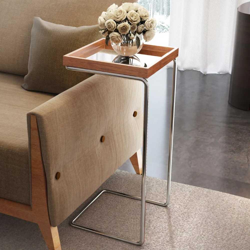 Mesa de Apoio para Sofá Bandeja Espelhada Base Cromada