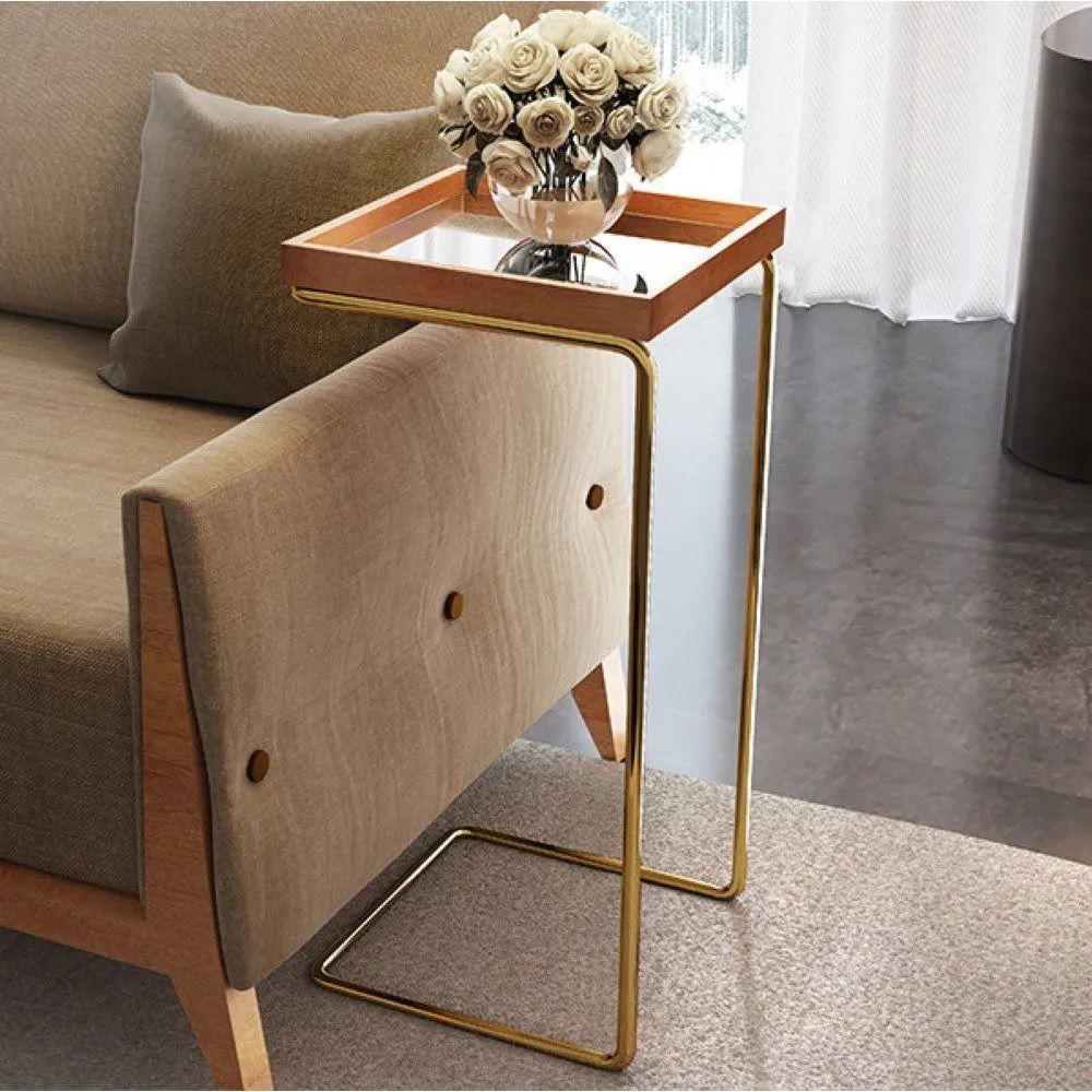 Mesa de Apoio para Sofá Bandeja Espelhada Base Dourada