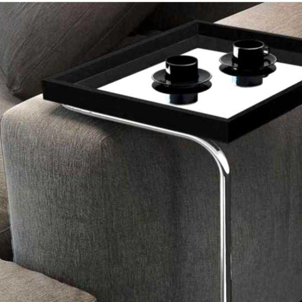 Mesa de Apoio para Sofá Bandeja Espelhada Laca Preta Base Cromada