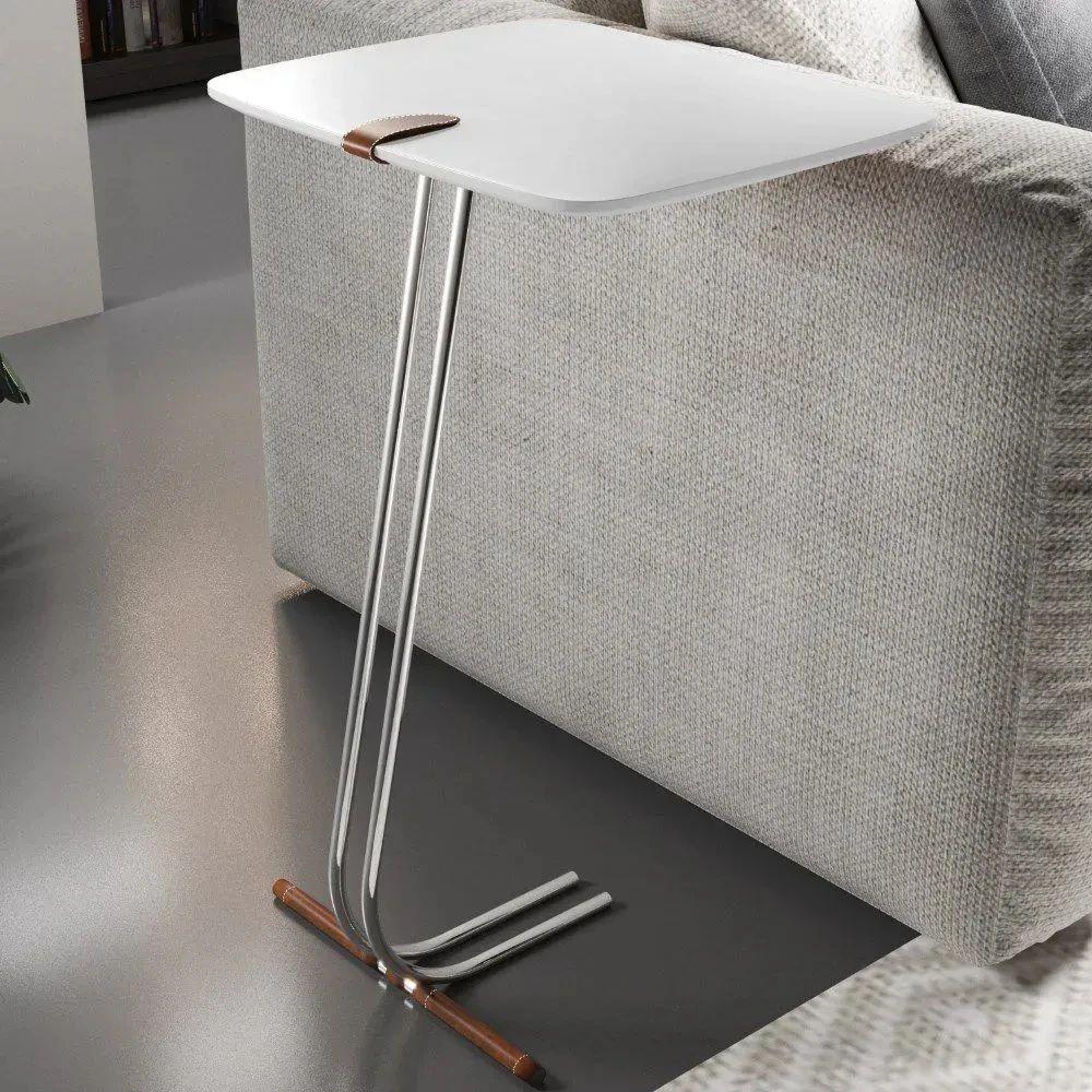 Mesa de Apoio para Sofá Branca com Base em Metal Cromado