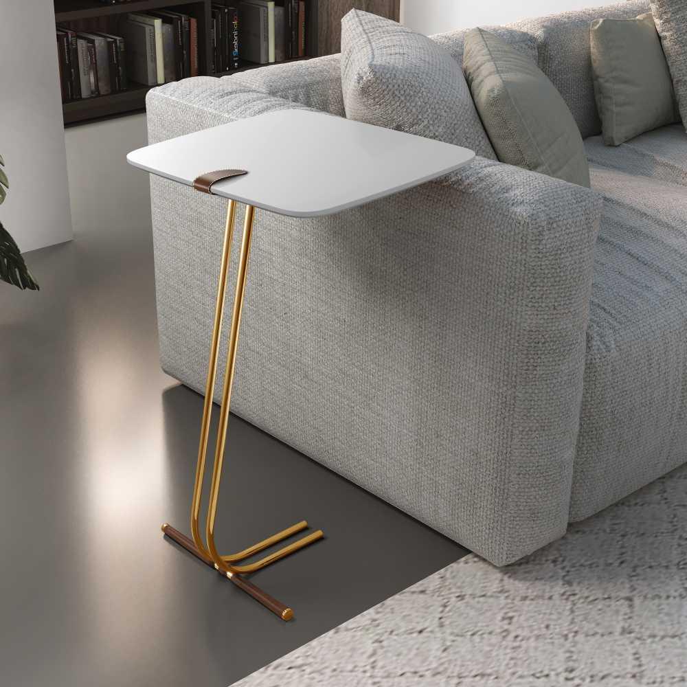 Mesa de Apoio para Sofá Branca com Base em Metal Dourado