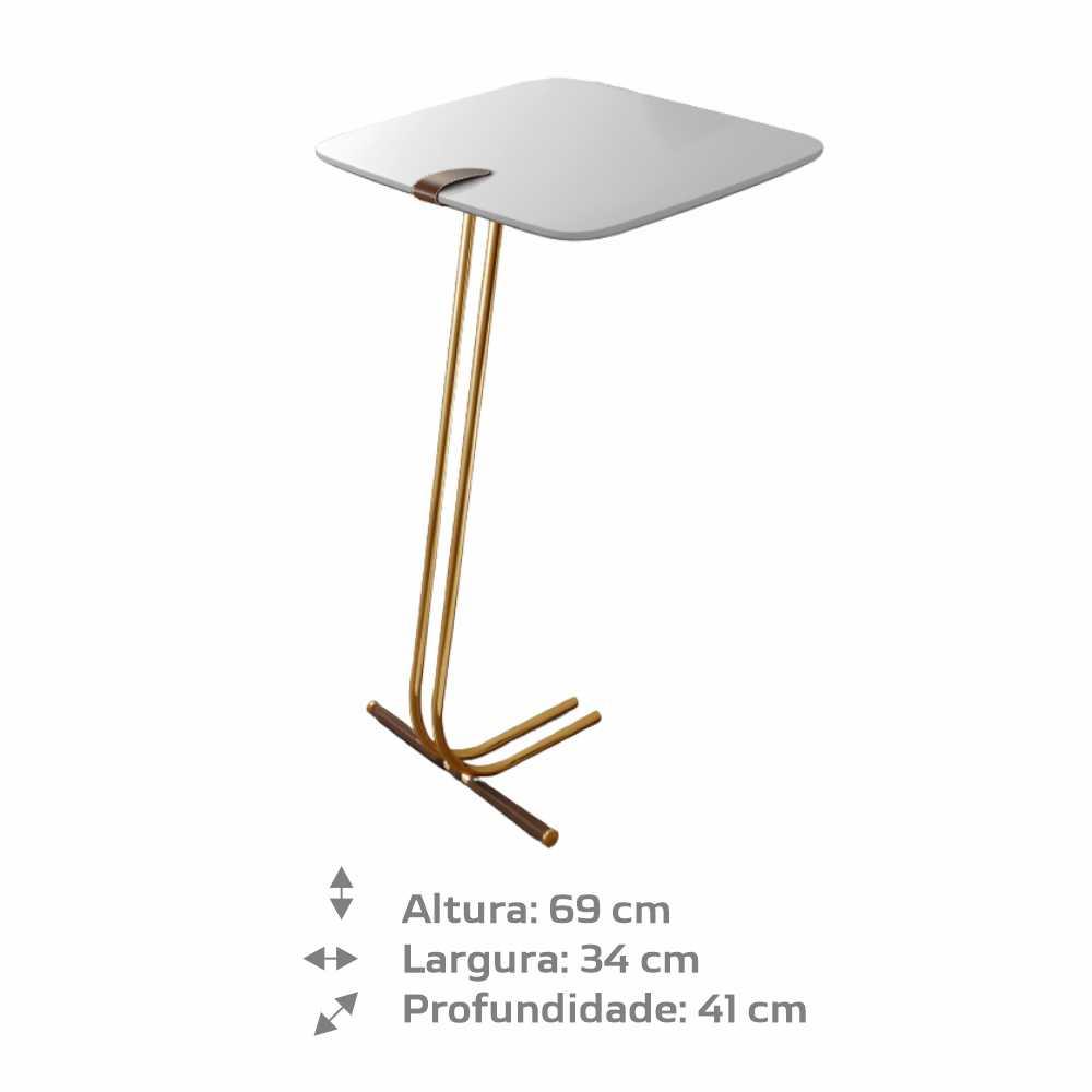 Mesa de Apoio para Sofá Branca com Base em Metal Dourado