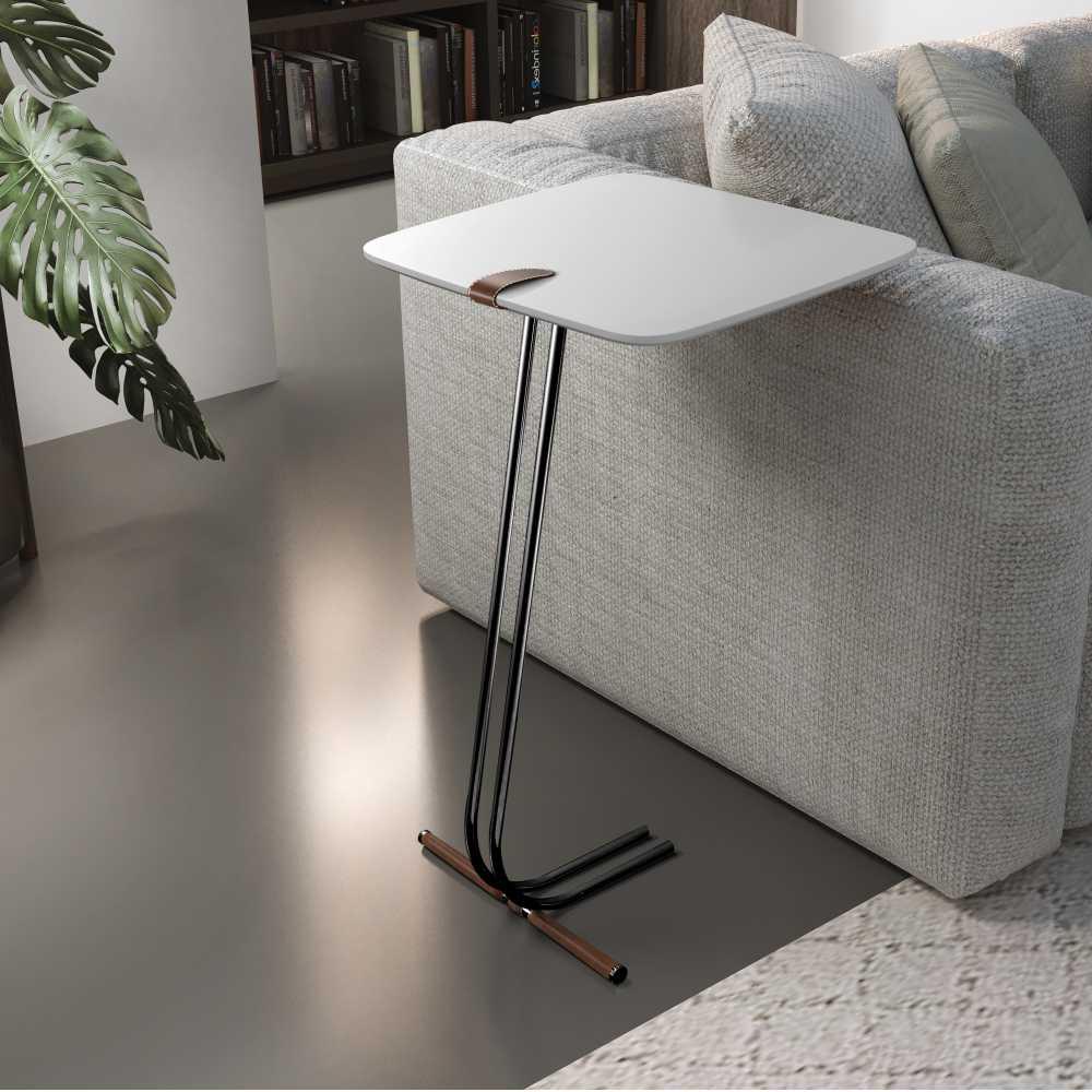 Mesa de Apoio para Sofá Branca com Base em Metal Preto