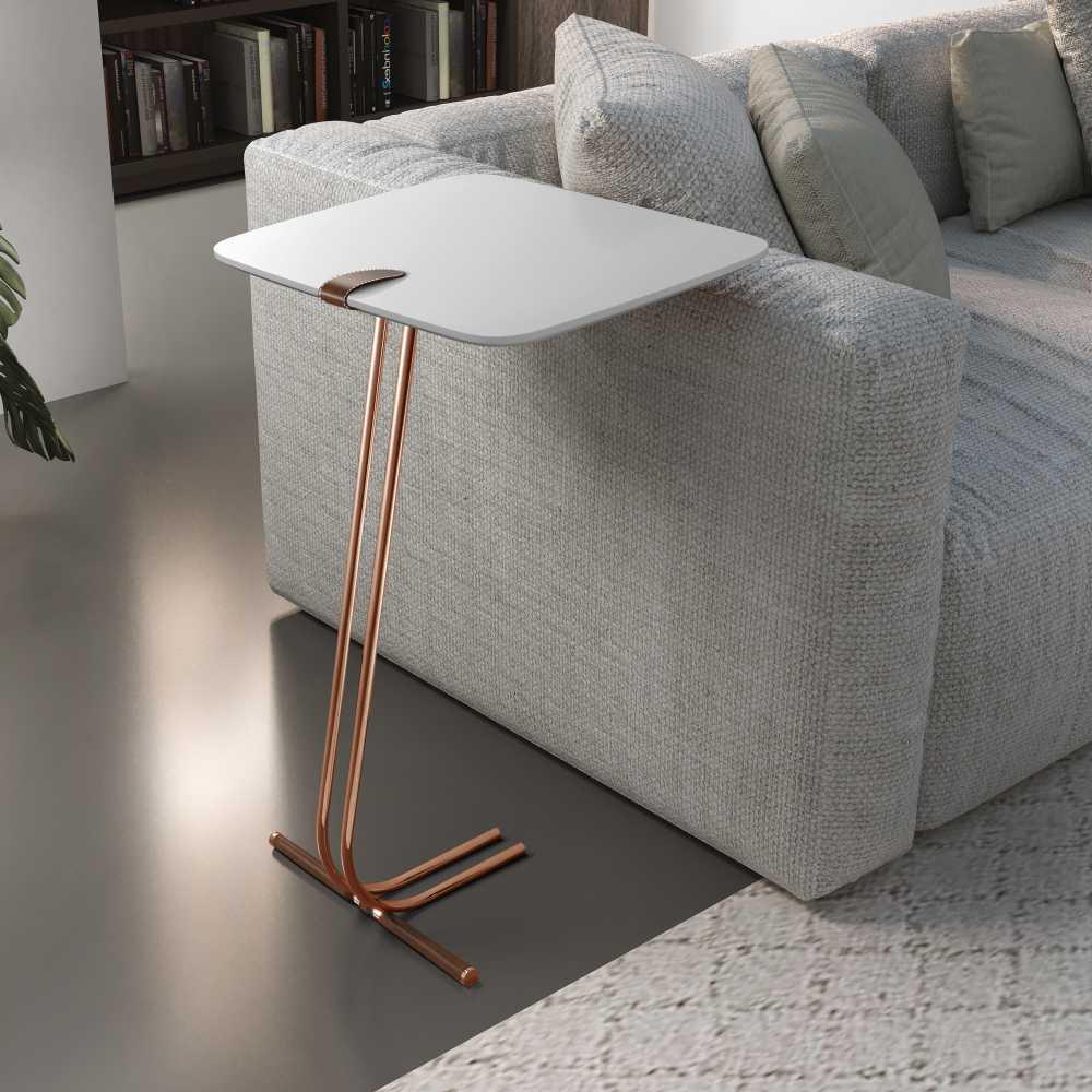 Mesa de Apoio para Sofá Branco com Base em Metal Cobre