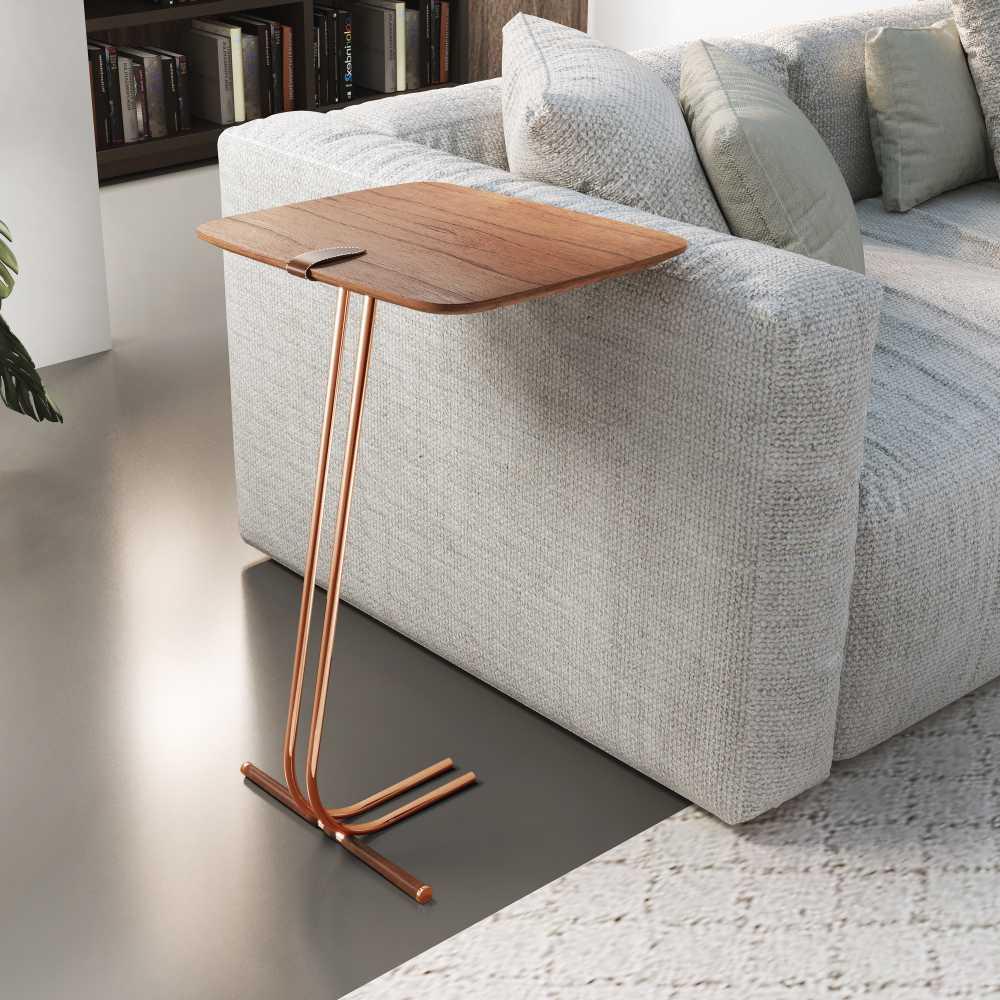 Mesa de Apoio para Sofá Castanho com Base em Metal Cobre