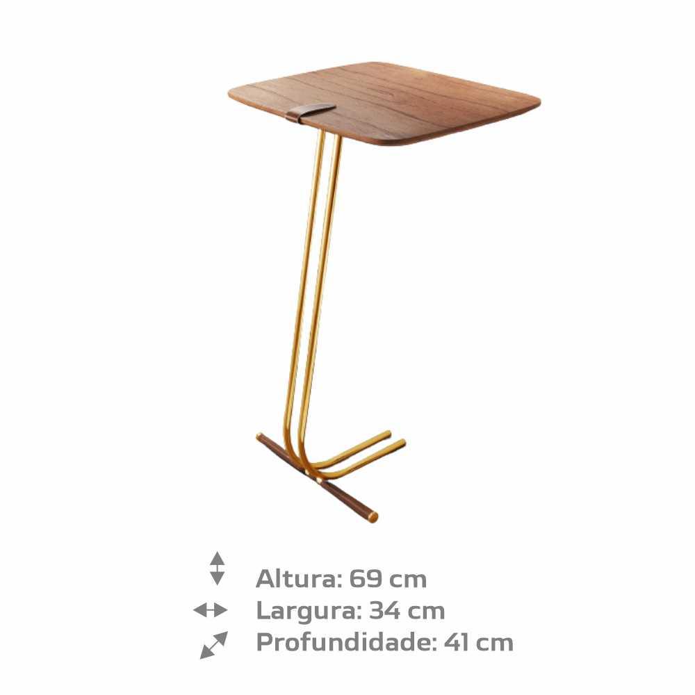 Mesa de Apoio para Sofá Castanho com Base em Metal Dourado