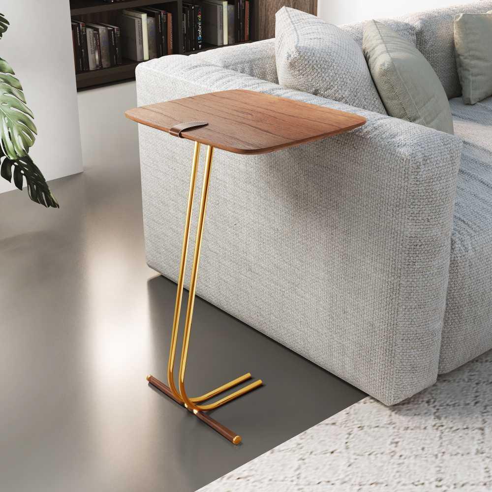 Mesa de Apoio para Sofá Castanho com Base em Metal Dourado