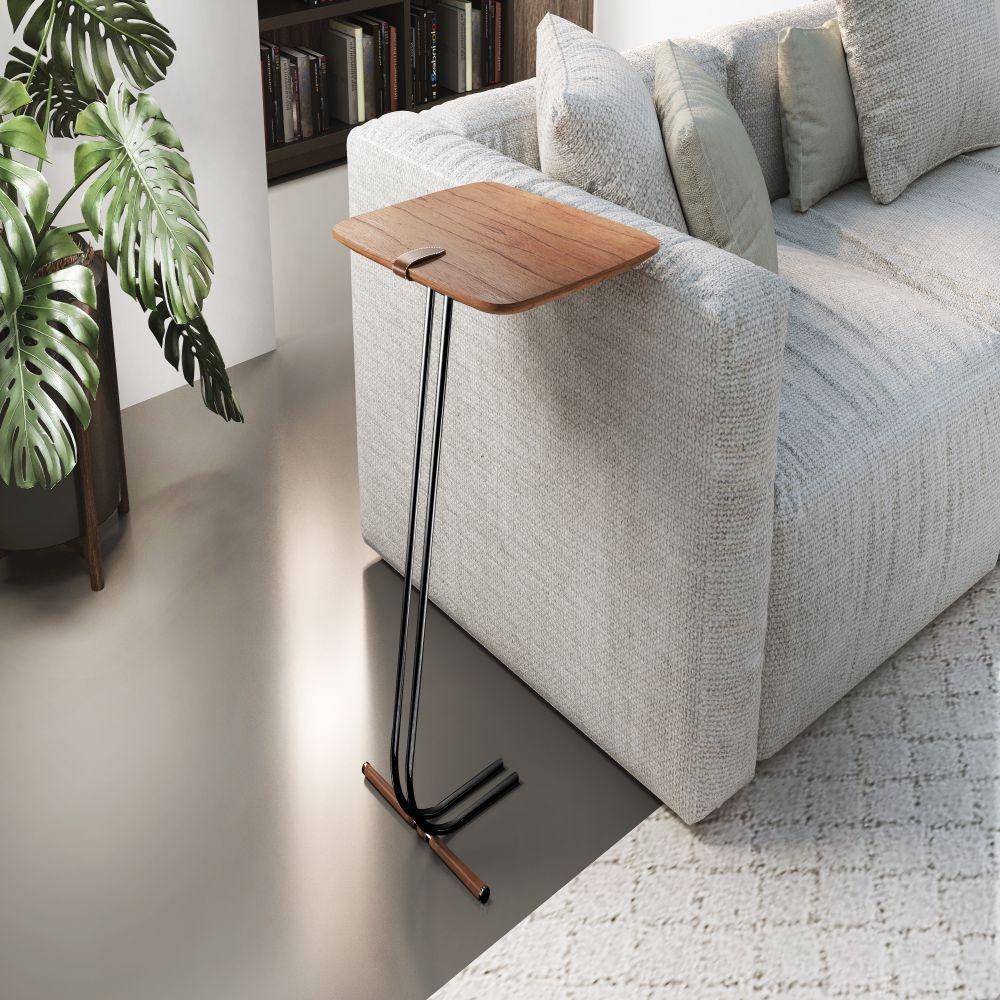 Mesa de Apoio para Sofá Castanho com Base em Metal Preto