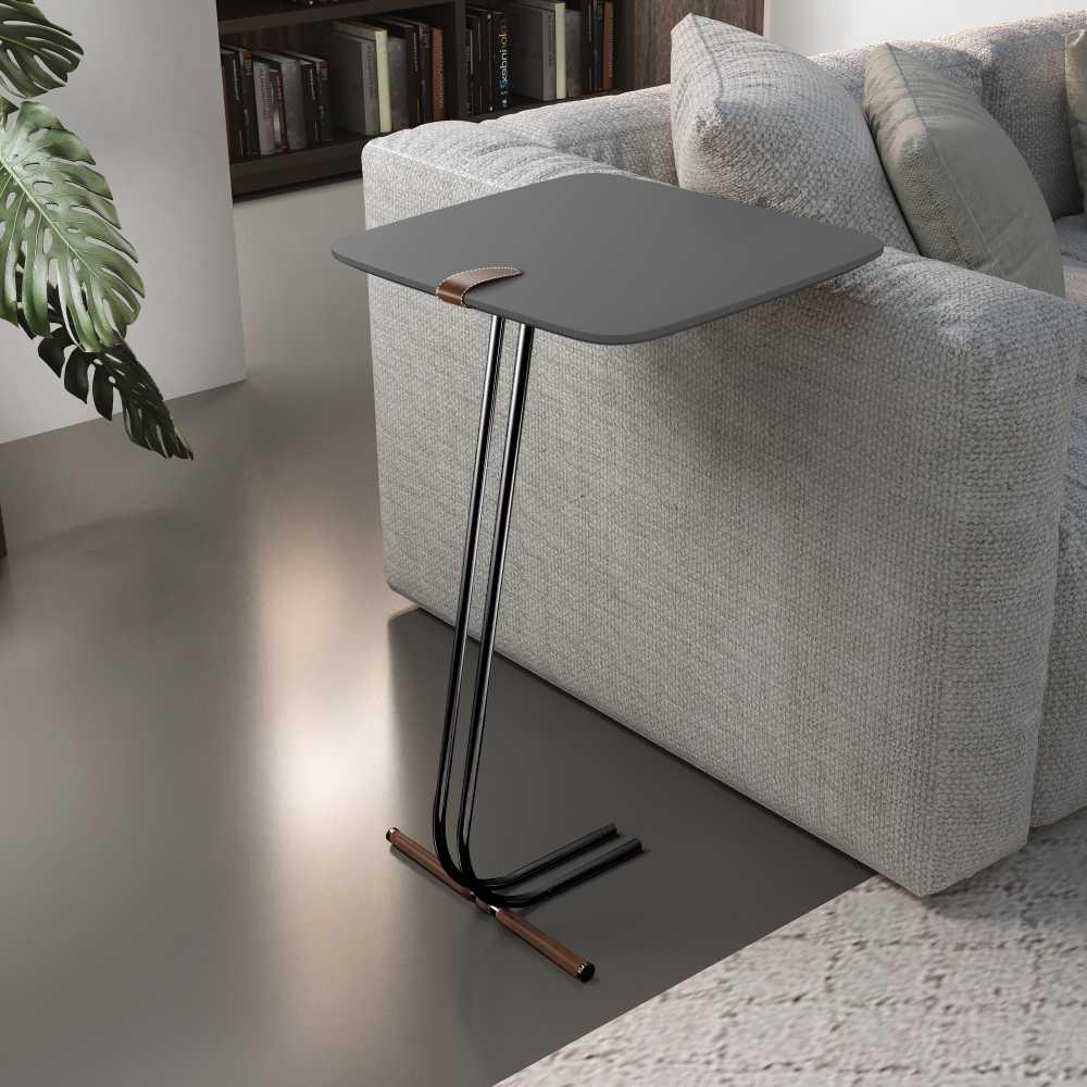 Mesa de Apoio para Sofá Concreto com Base em Metal Preto