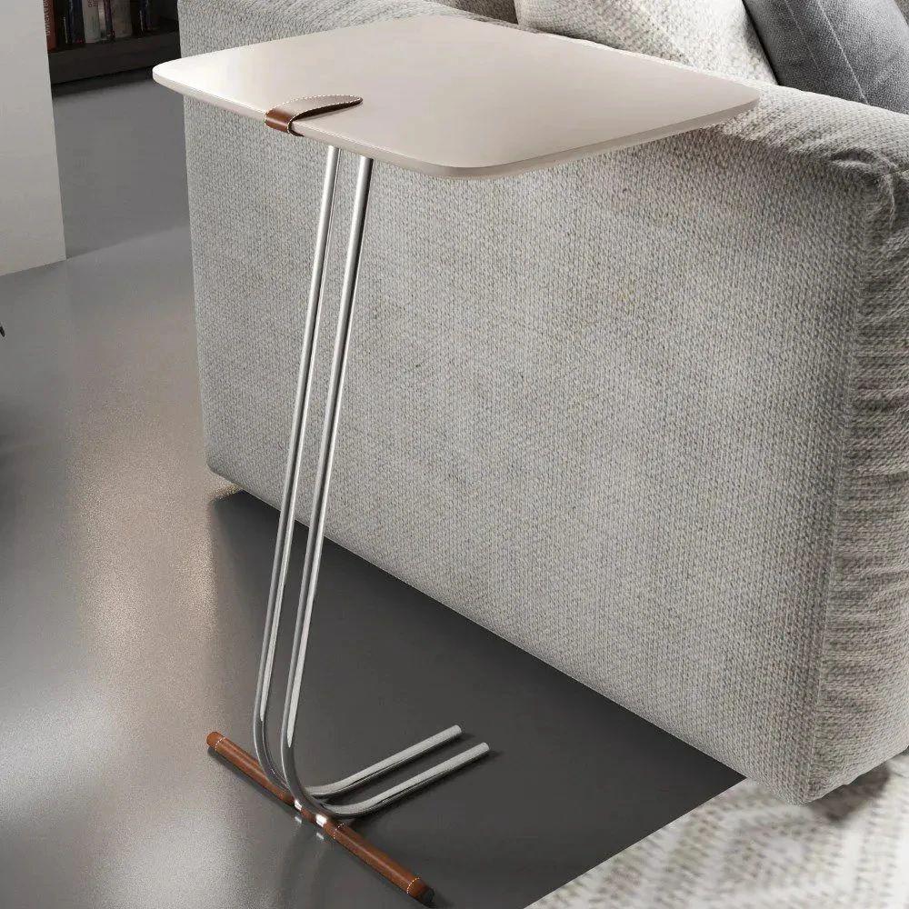 Mesa de Apoio para Sofá Off White com Base em Metal Cromado