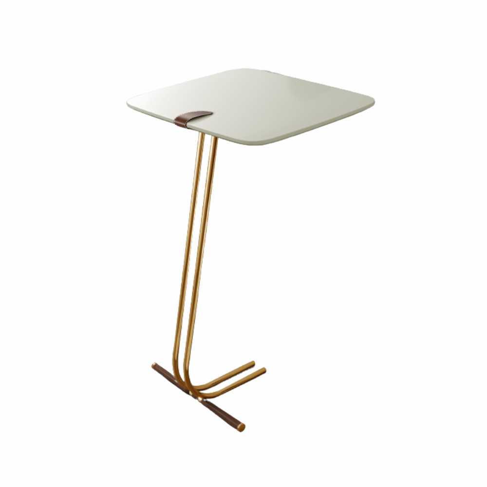 Mesa de Apoio para Sofá Off White com Base em Metal Dourado