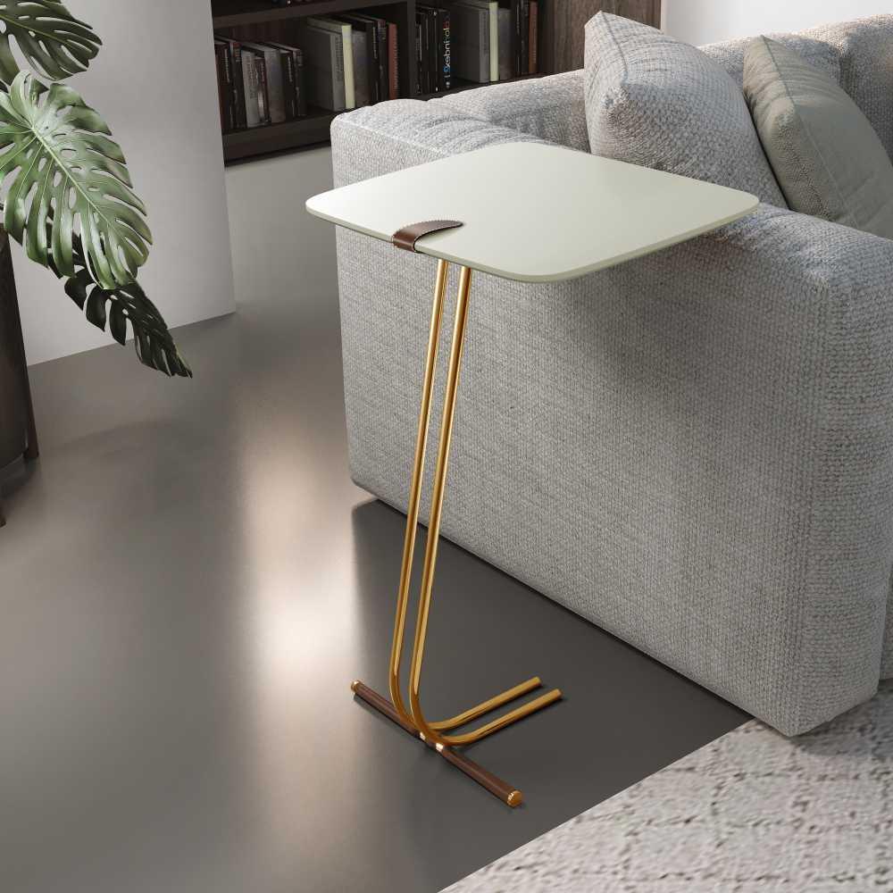 Mesa de Apoio para Sofá Off White com Base em Metal Dourado