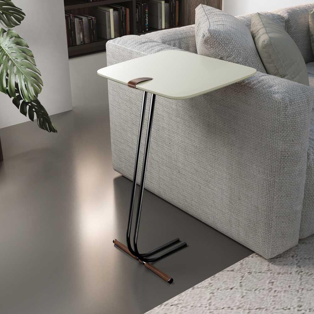 Mesa de Apoio para Sofá Off White com Base em Metal Preto