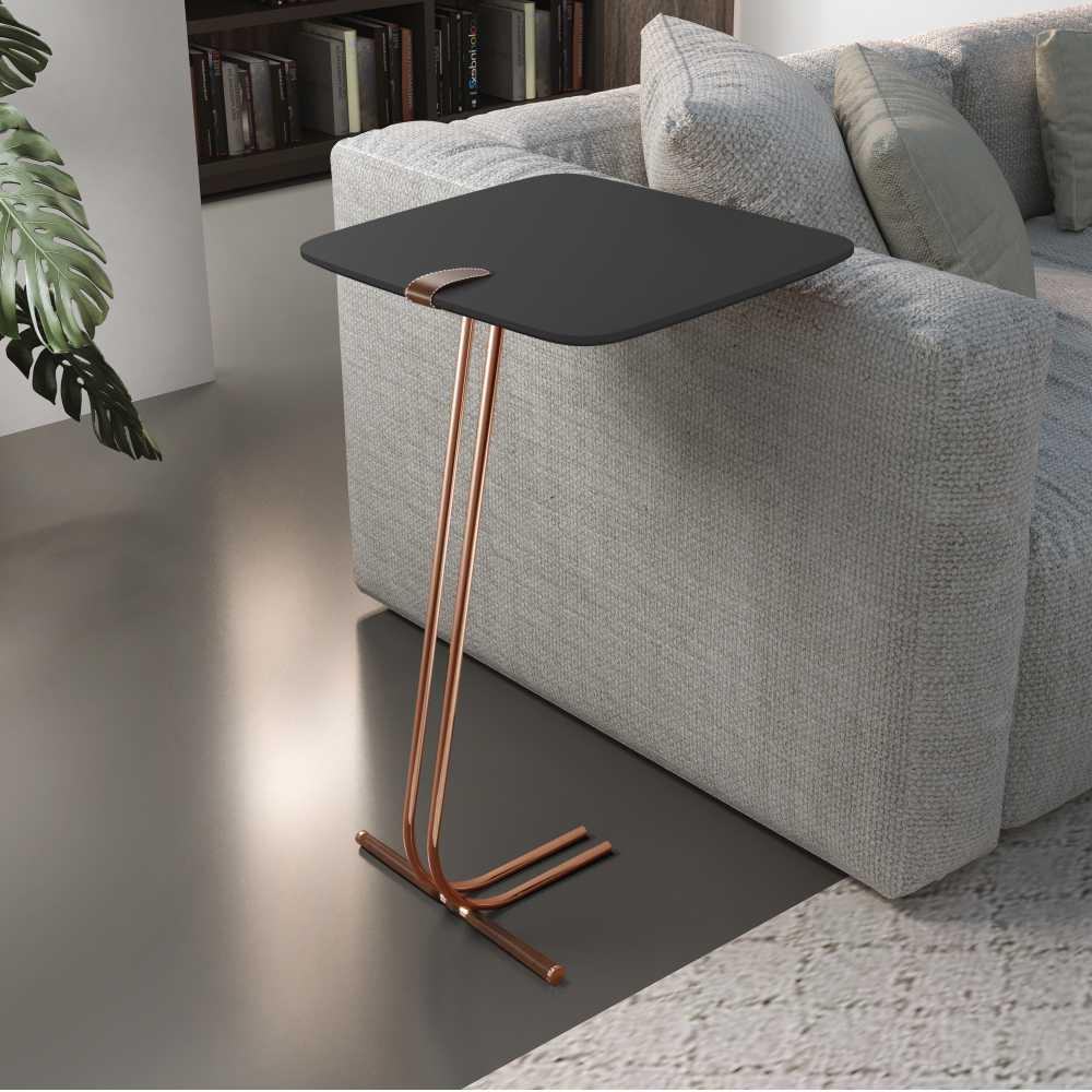 Mesa de Apoio para Sofá Preto com Base em Metal Cobre