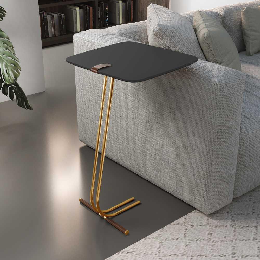 Mesa de Apoio para Sofá Preto com Base em Metal Dourado