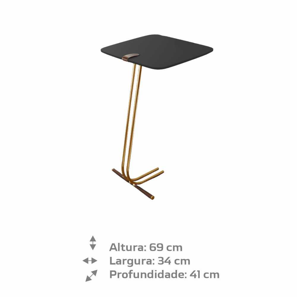 Mesa de Apoio para Sofá Preto com Base em Metal Dourado