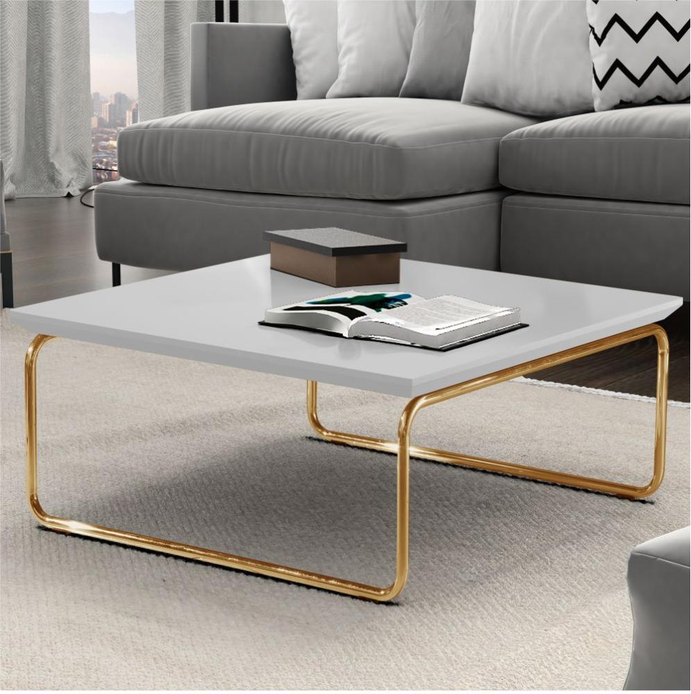 Mesa de Centro Munique 70x70 cm Branco com Base Dourada