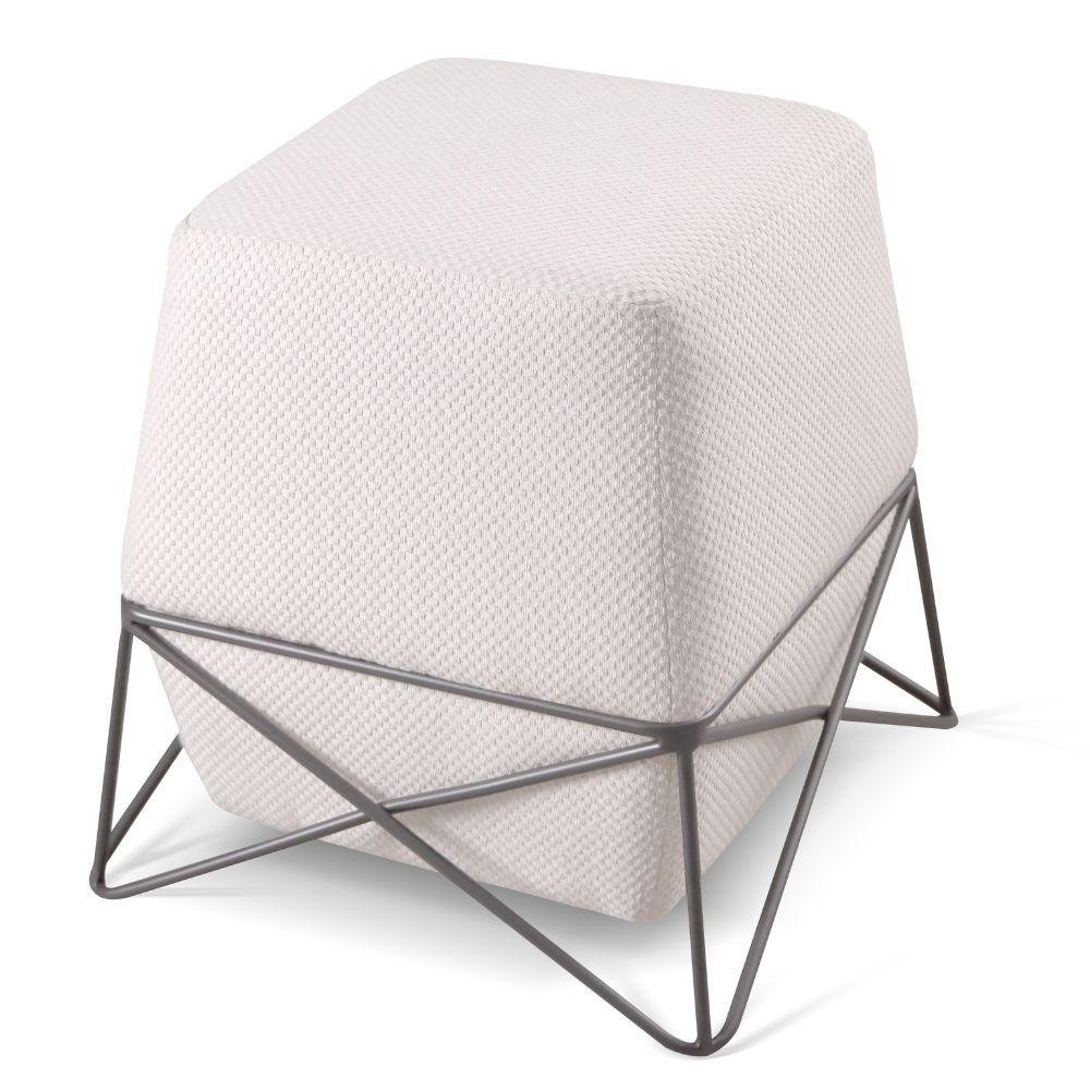 Puff Cast Decorativo Linho Palha Base Metal Grafite