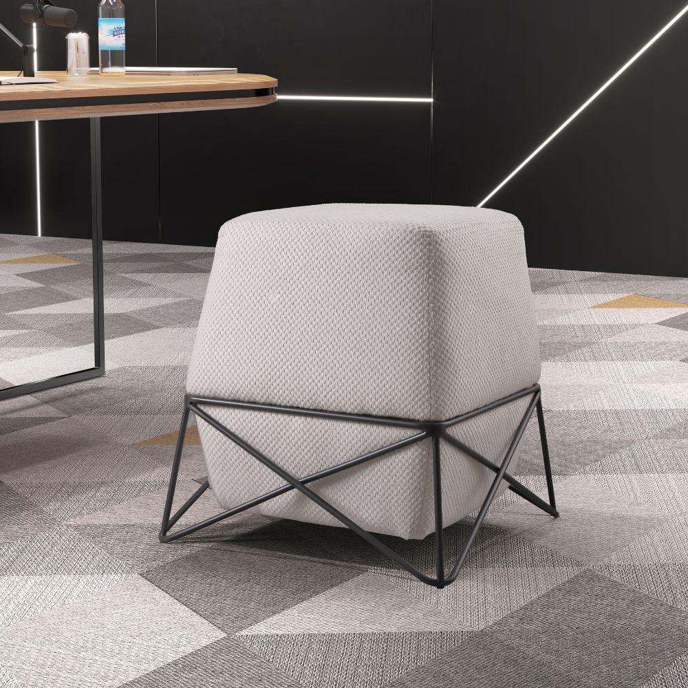 Puff Cast Decorativo Linho Palha Base Metal Grafite